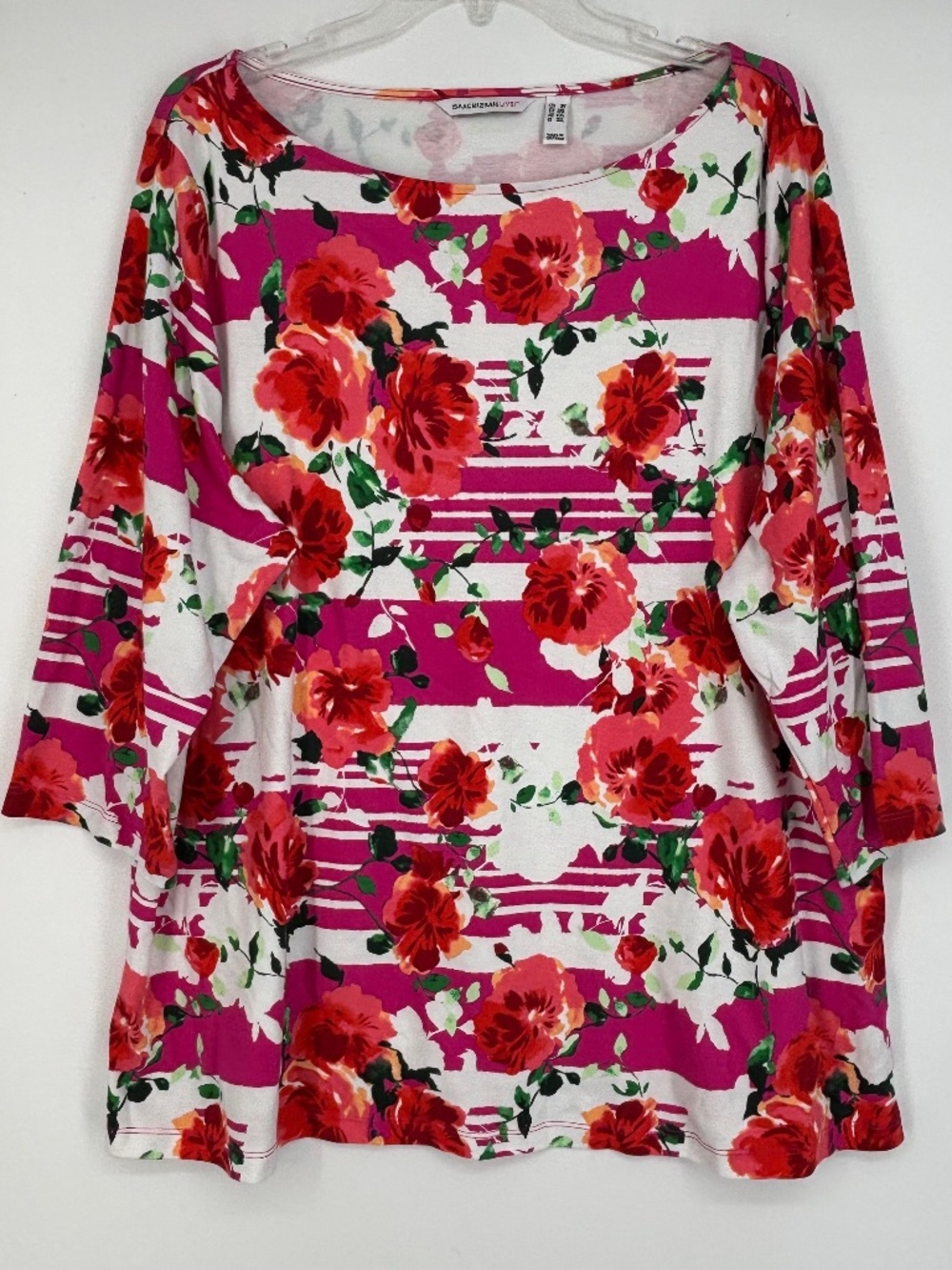 Isaac Mizrahi Live! Womens 2X Boat Neck Top Floral Print Pima Cotton 3/4 Sleeves